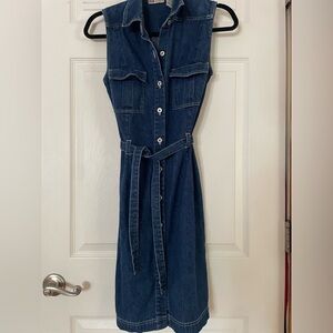Vintage Faded Glory Dark Blue Denim Midi Dress with Self-Tie Belt